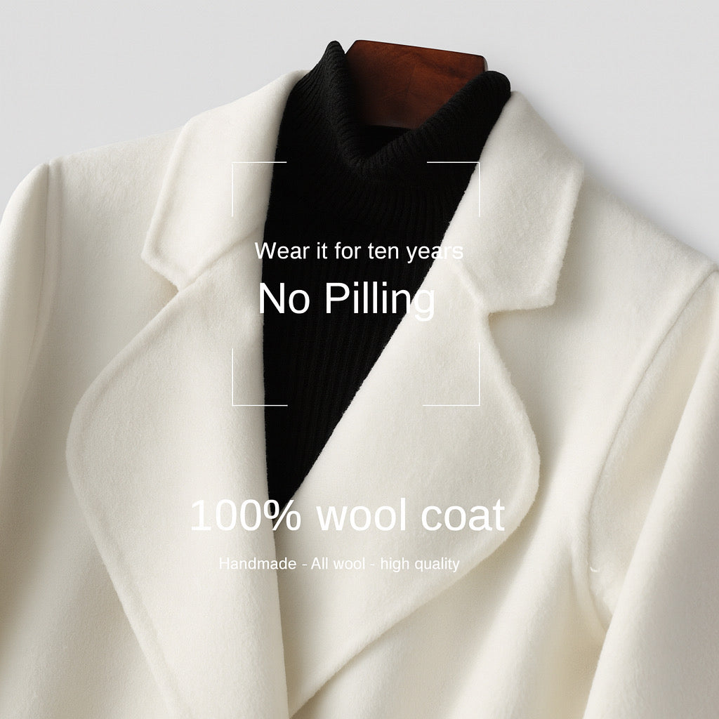 White wool coat on a hanger with text highlighting features