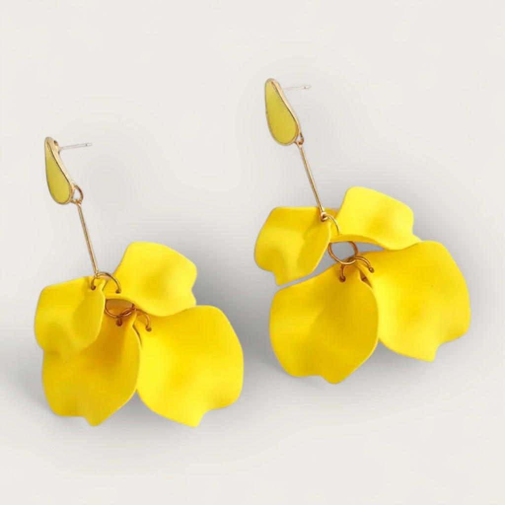 Yellow flower-shaped earrings on a light gray background