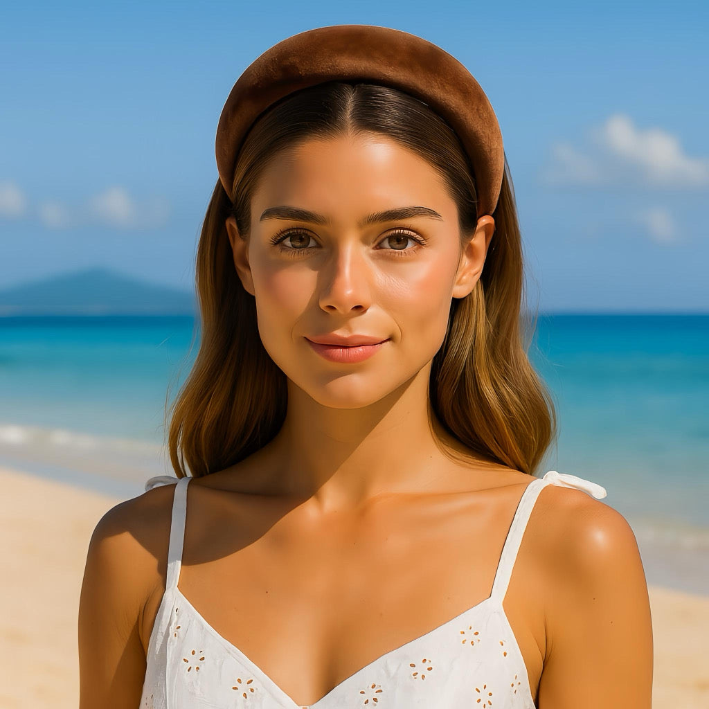 young woman wearing a brown velvet headband at the beach on a summer holiday.