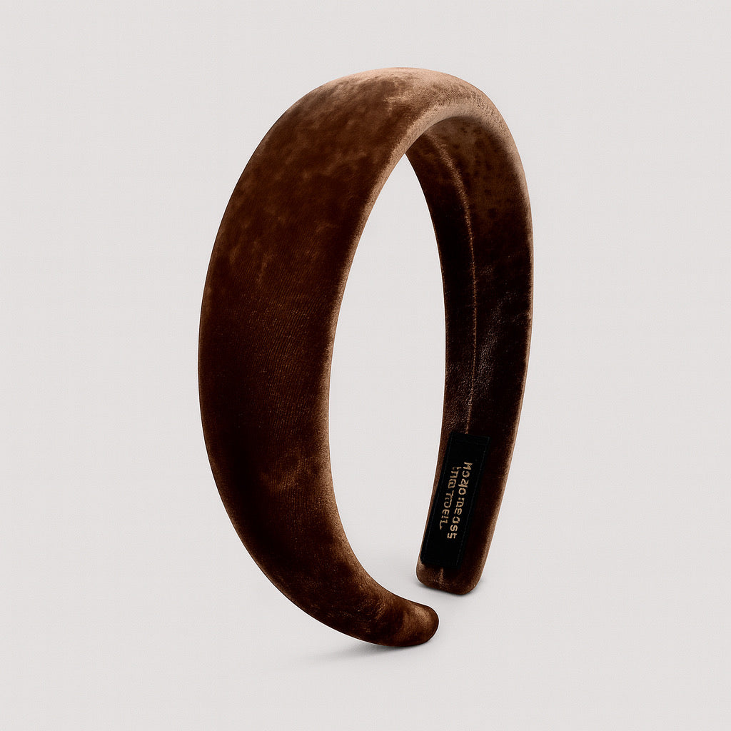 Elegant brown velvet headband for women handmade luxury hair accessory.