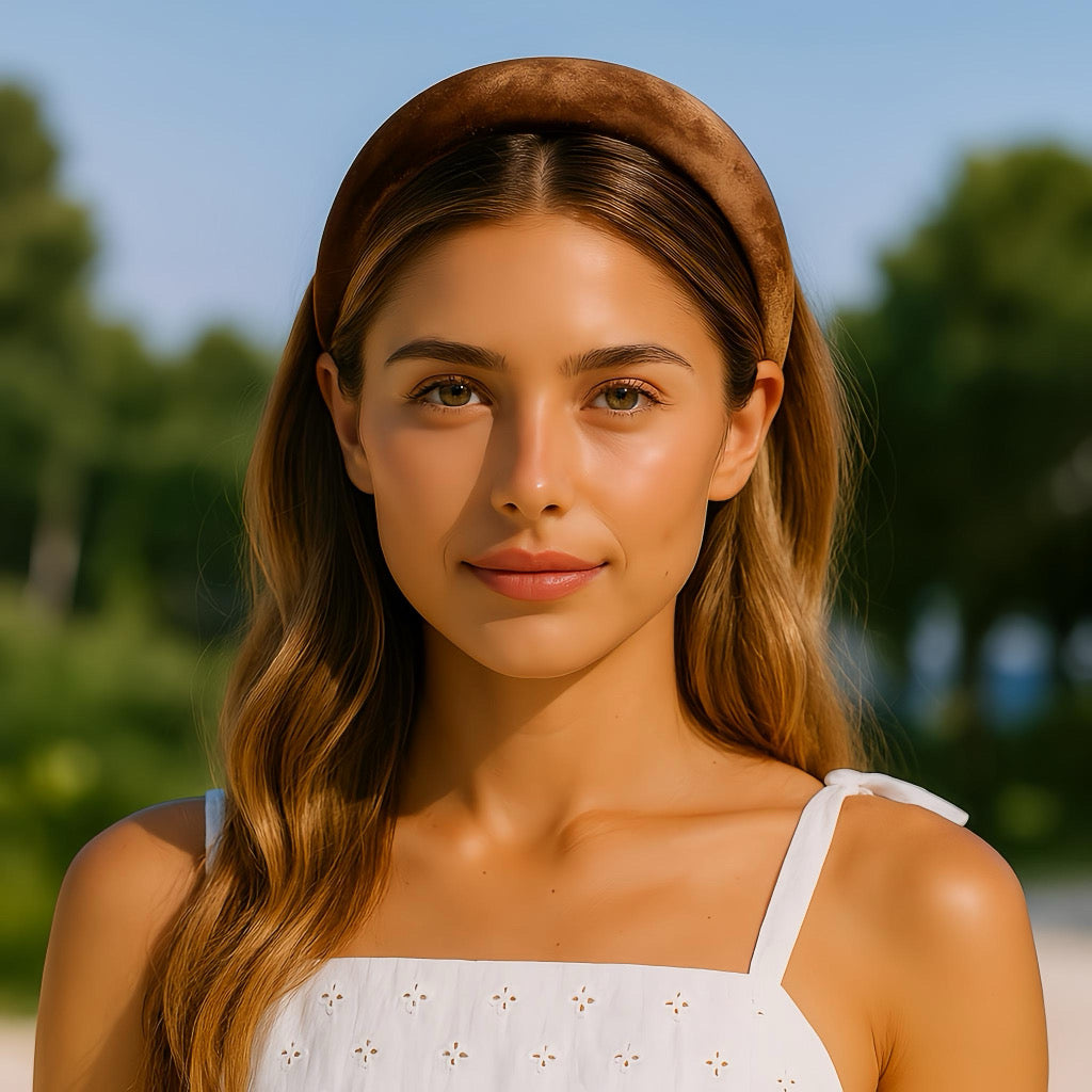 Beautiful model wearing a brown velvet headband in a sunny summer garden setting.