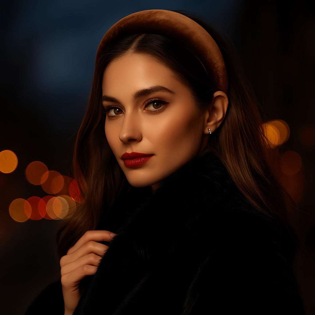 Pretty women wearing a brown velvet headband during a winter night outing with glowing city lights.