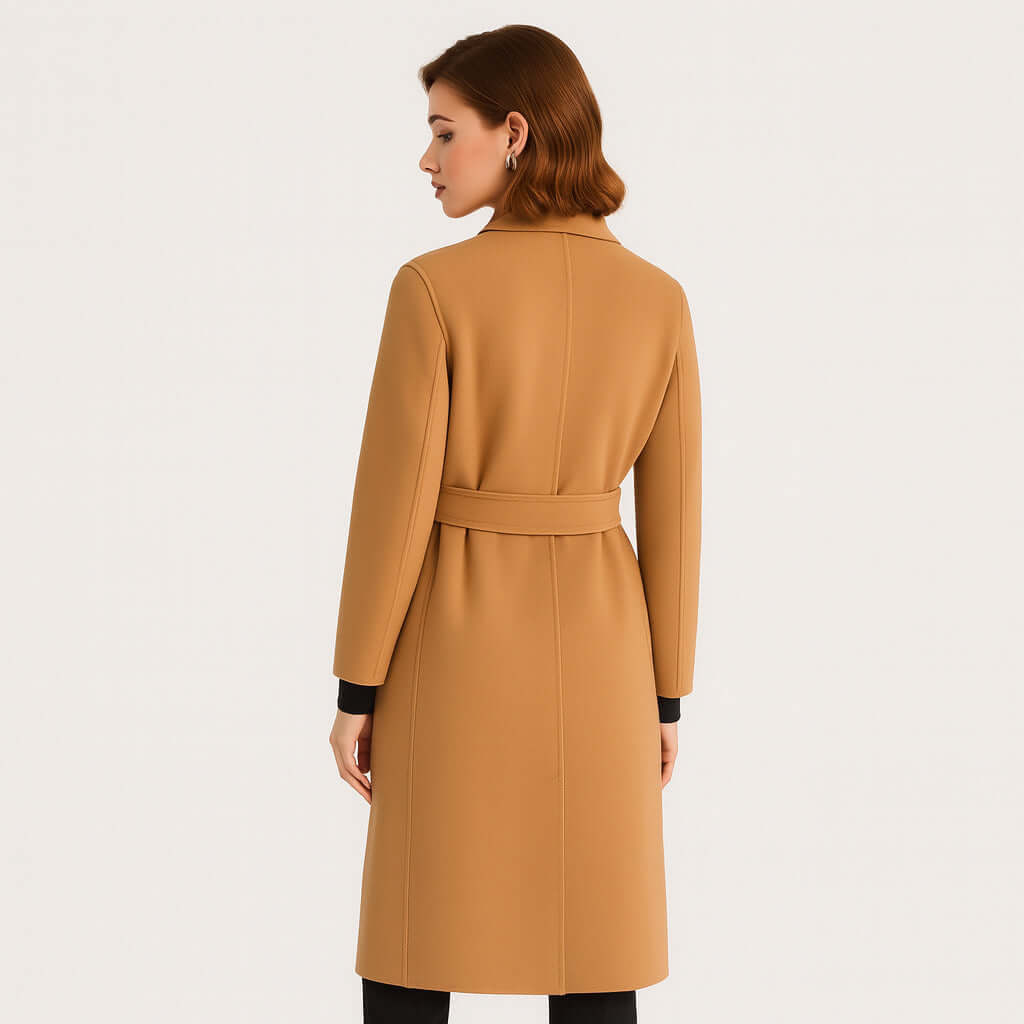 Elegant camel wool wrap coat with belt, women's winter wardrobe