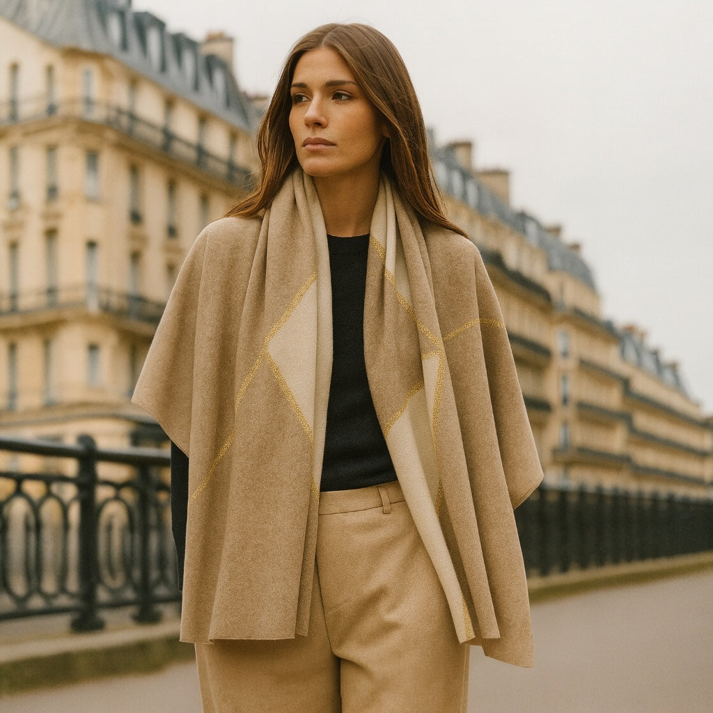 Brunette model styling cashmere blend scarf with gold shimmer in Paris - PaulaB.