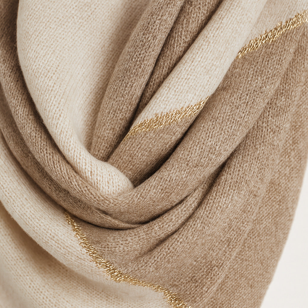 Close-up of soft cashmere blend scarf with gold shimmer thread -  PaulaB.