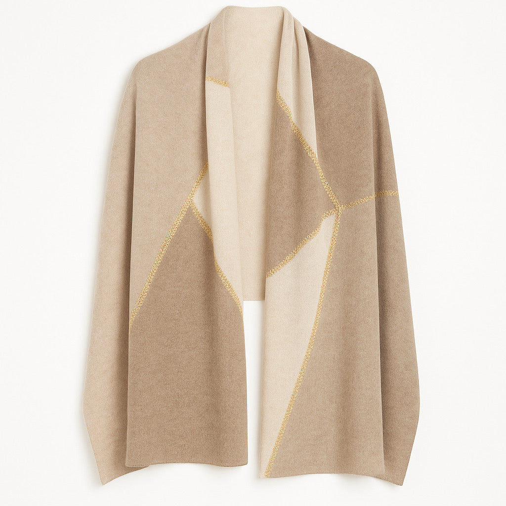 Flat view of hand-knit cashmere scarf with silky gold thread - PaulaB 70X190cm.