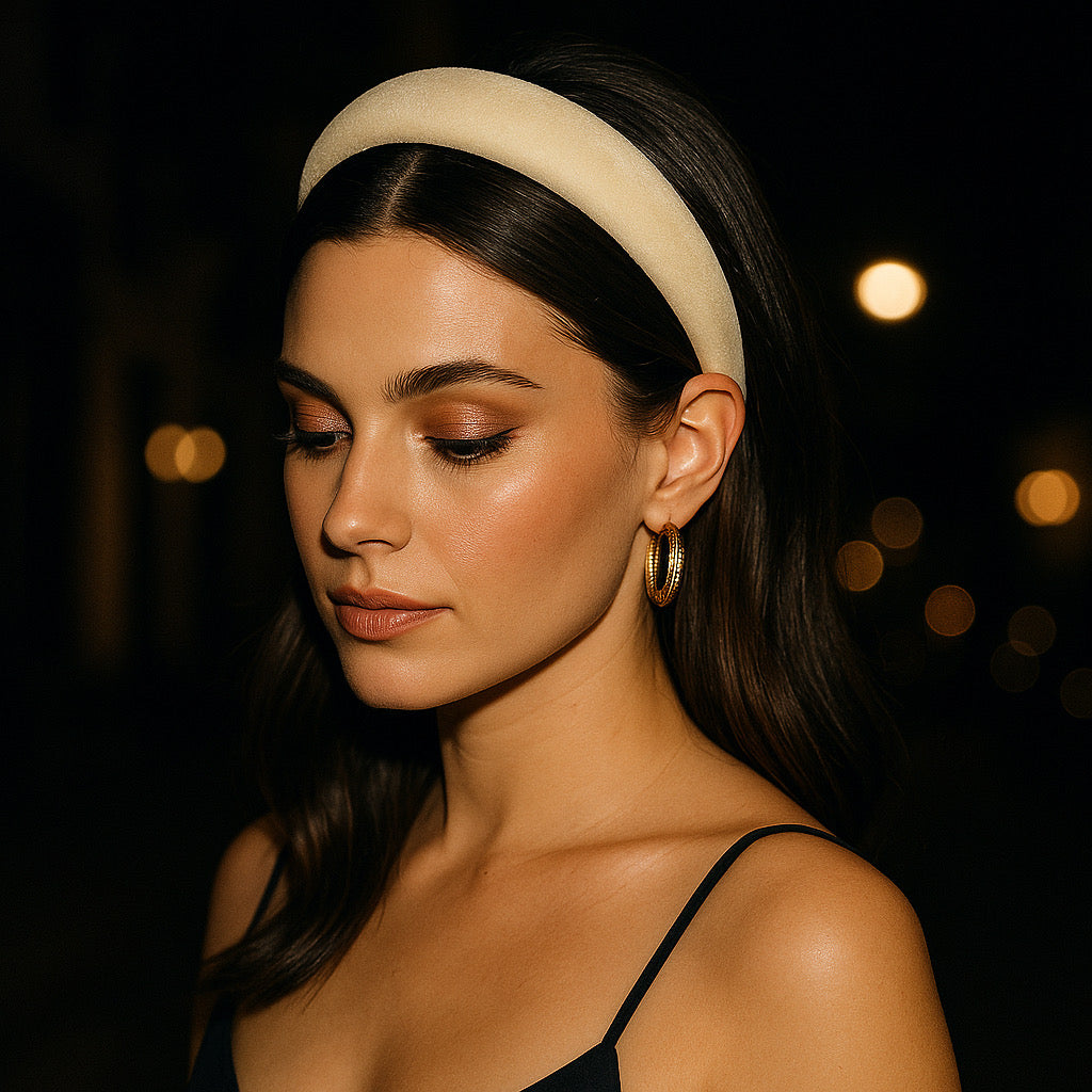 Cream velvet padded headband styled with hoop earrings night out fashion.