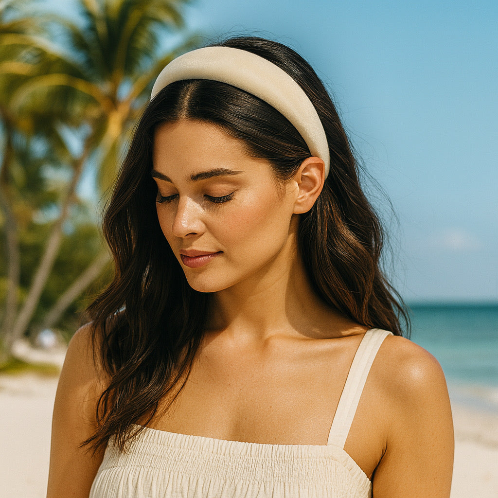 Cream padded velvet headband stylish summer hair accessory for beachwear.