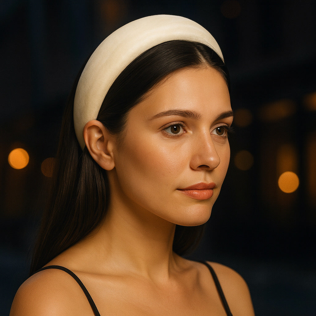 Women wearing cream padded headband chic evening look with sleek hairstyle.