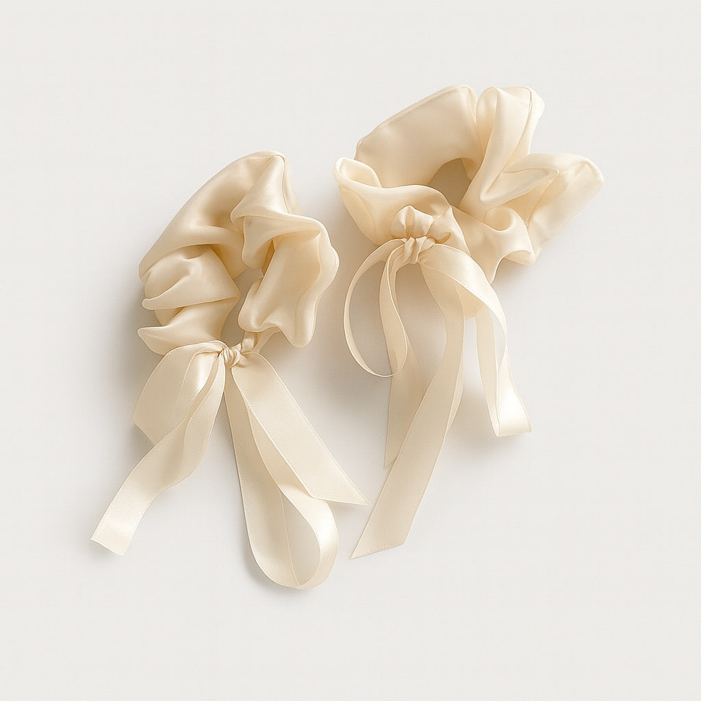 Cream satin ribbon scrunchie luxury hair accessory
