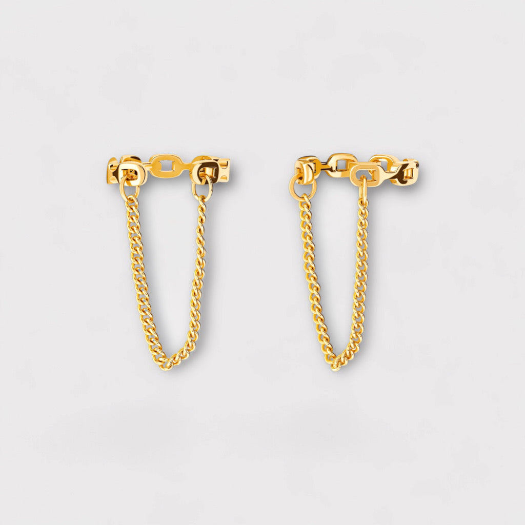 Studio shot of Embrace Cuff Chain Earrings in 18k gold-plated sterling silver with double cuff and connecting chain