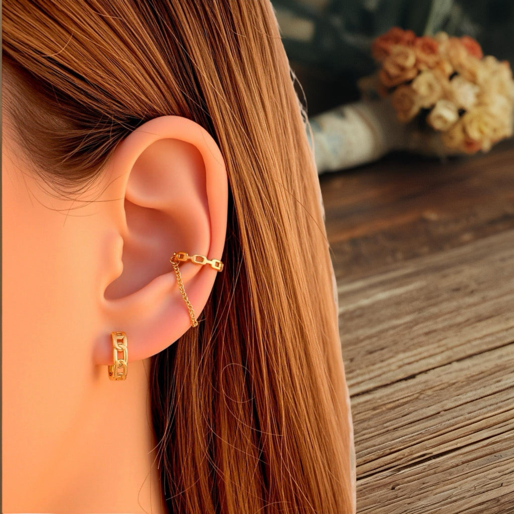 Detail view of Embrace Cuff Chain Earrings showing fine connecting two gold-plated sterling silver cuffs