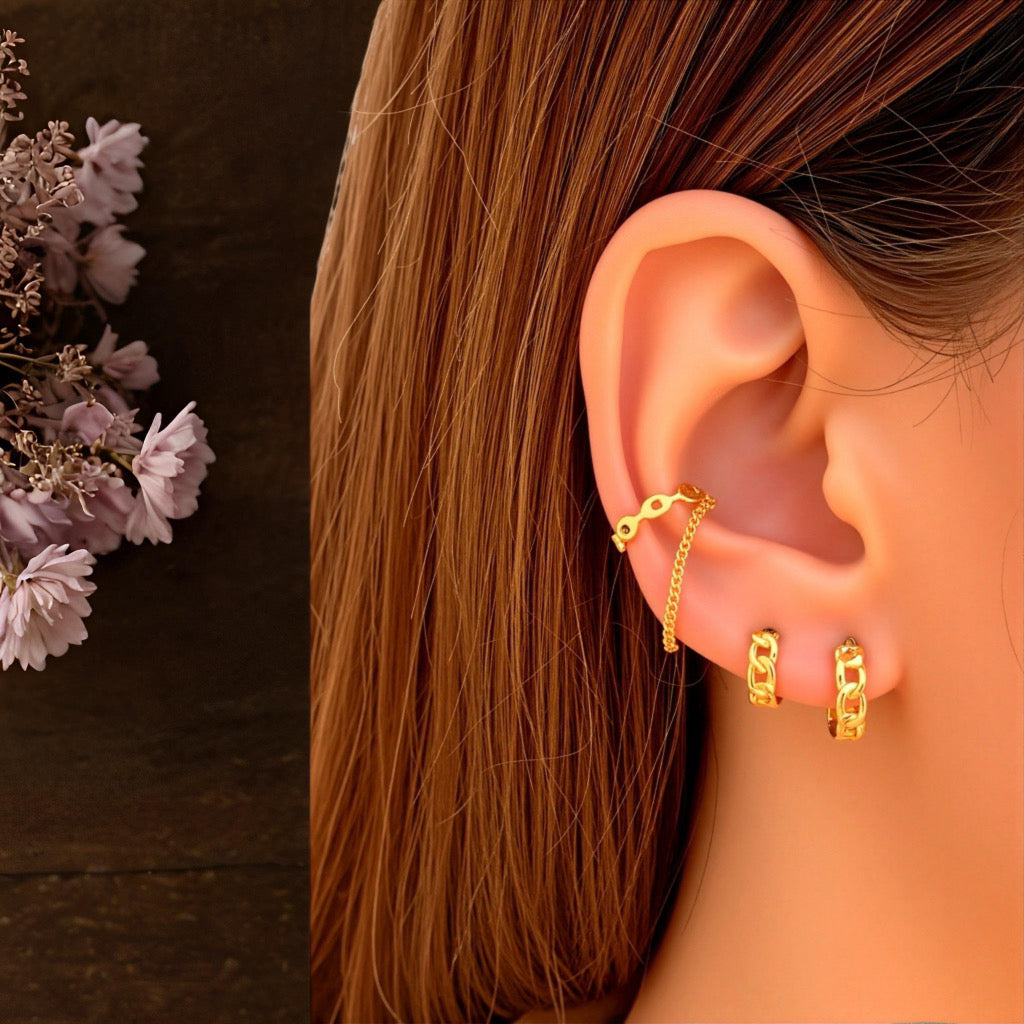 Embrace Cuff Chain Earrings styled with gold hoop earrings for a layered ear look