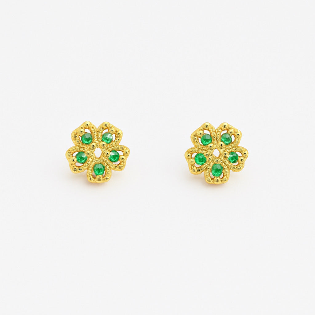 Front view of gold-plated sterling silver floral stud earrings with green gemstones - PaulaB Jewellery Sydney.