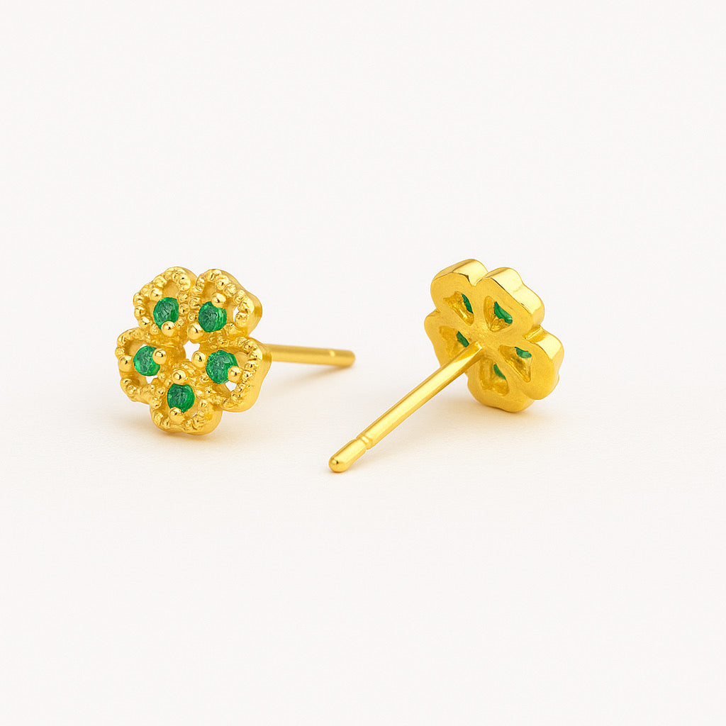 Side angle of gold-plated sterling silver green gem floral stud earrings showing post backing - PaulaB Jewellery 