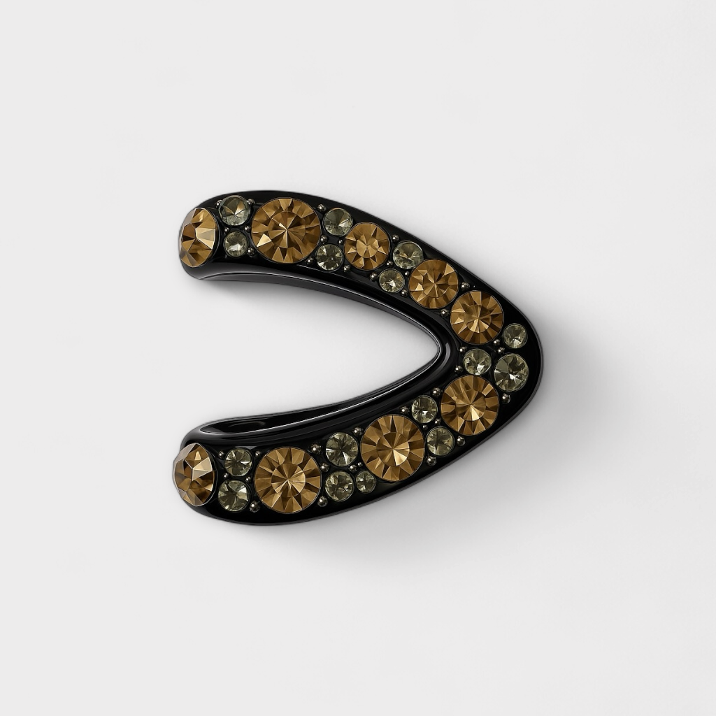 Close-up of PaulaB Golden Champagne Rhinestone Hair Claw Clip on white background.