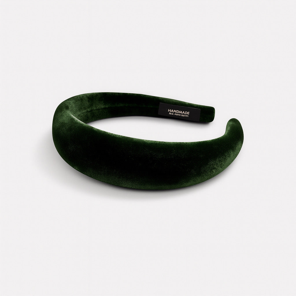 Handmade green velvet headband side angle highlighting plush velvet texture.