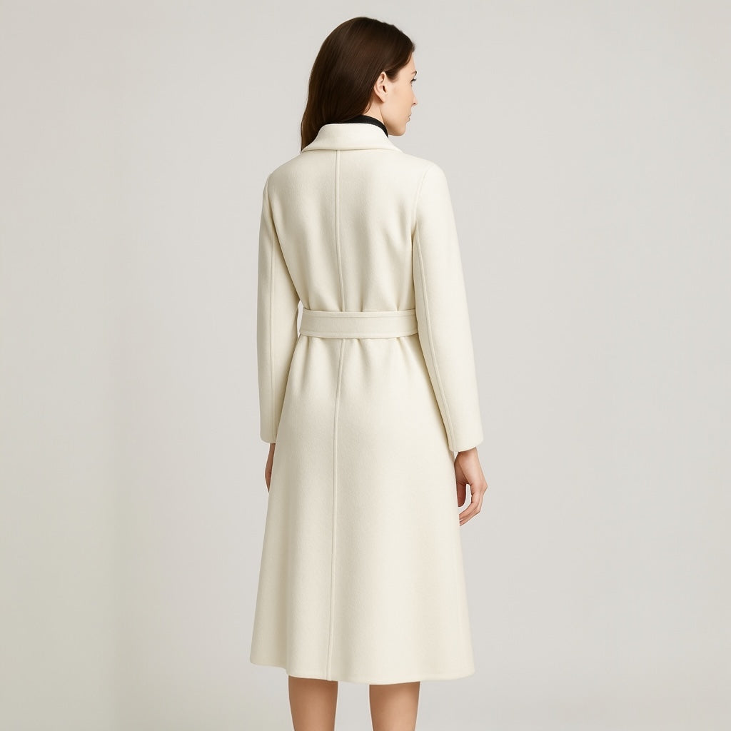 Elegant Ivory Cream long wool coat with belt - women's winter fashion