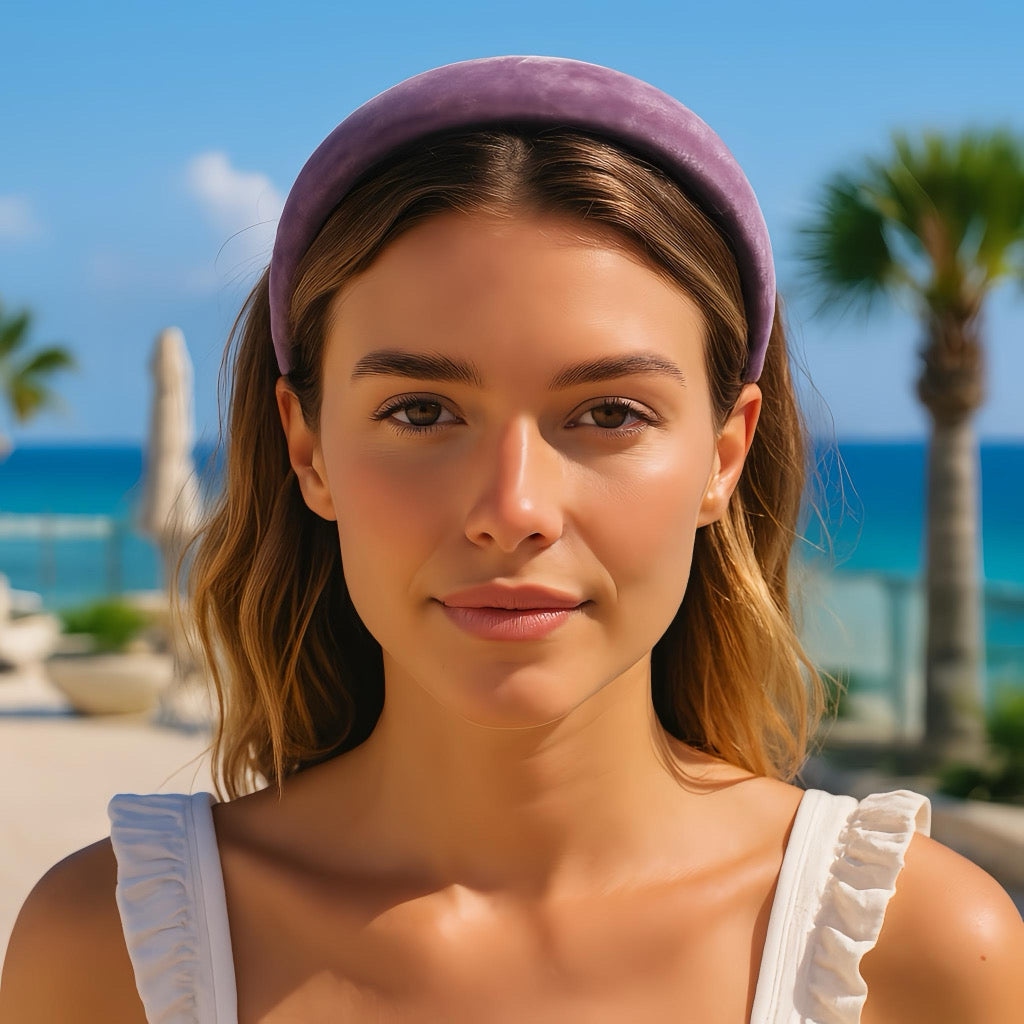 Beautiful woman wearing a lavender velvet headband enjoying a summer beach holiday.