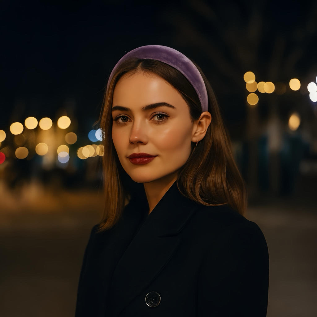 Chic woman wearing a lavender velvet headband on a winter night outing bokeh lights.