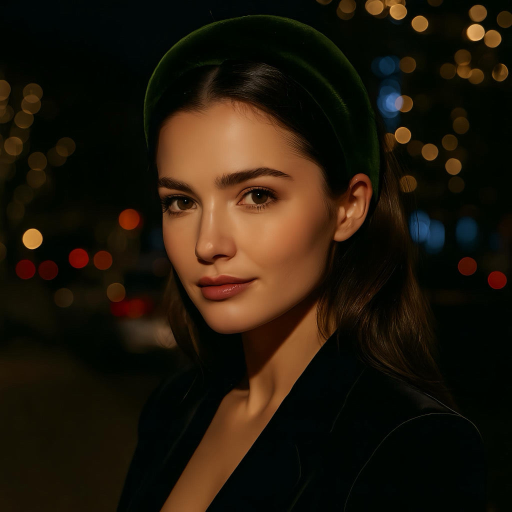 Model wearing a green velvet headband on a winter night outing with city lights.