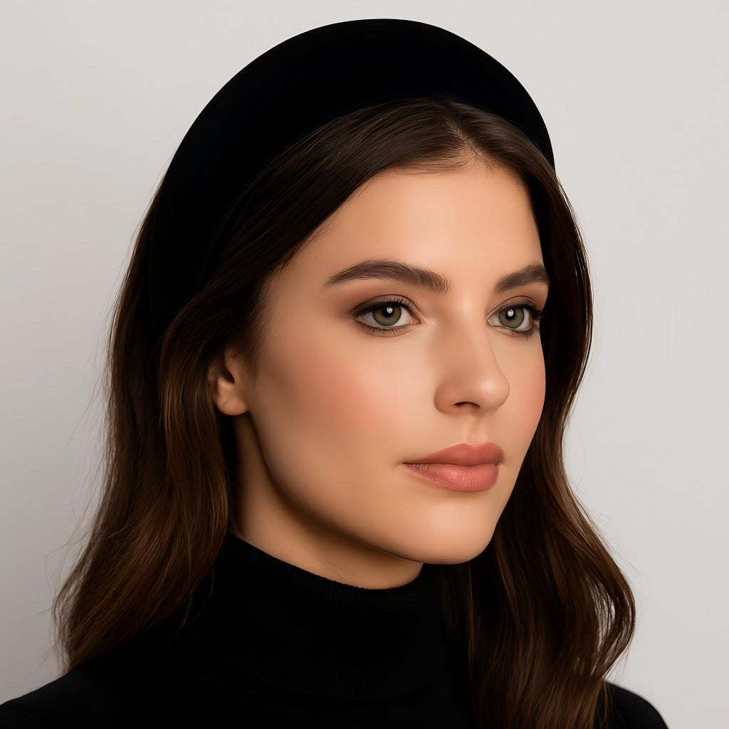 closeup portrait of model with long brown hair wearing black velvet headband.