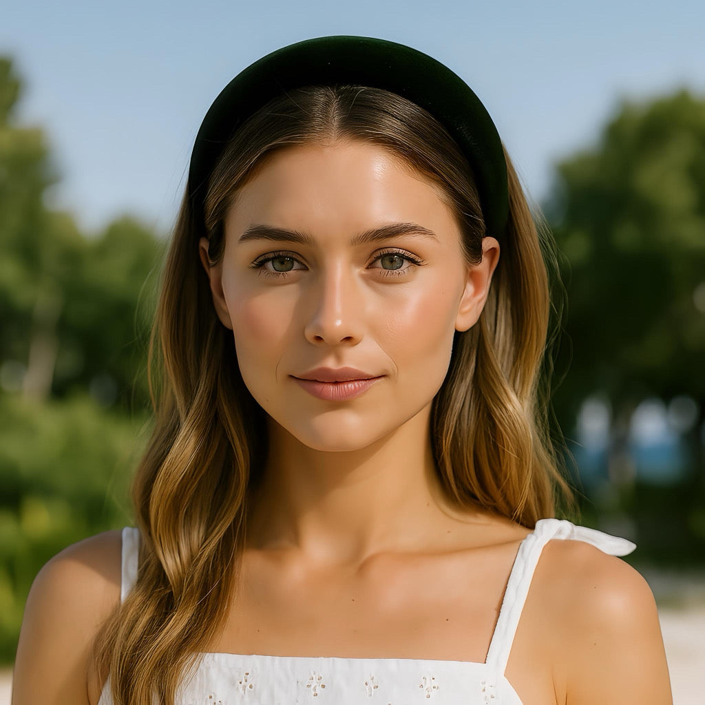 Young women wearing black velvet headband outdoors in summer sunlight.