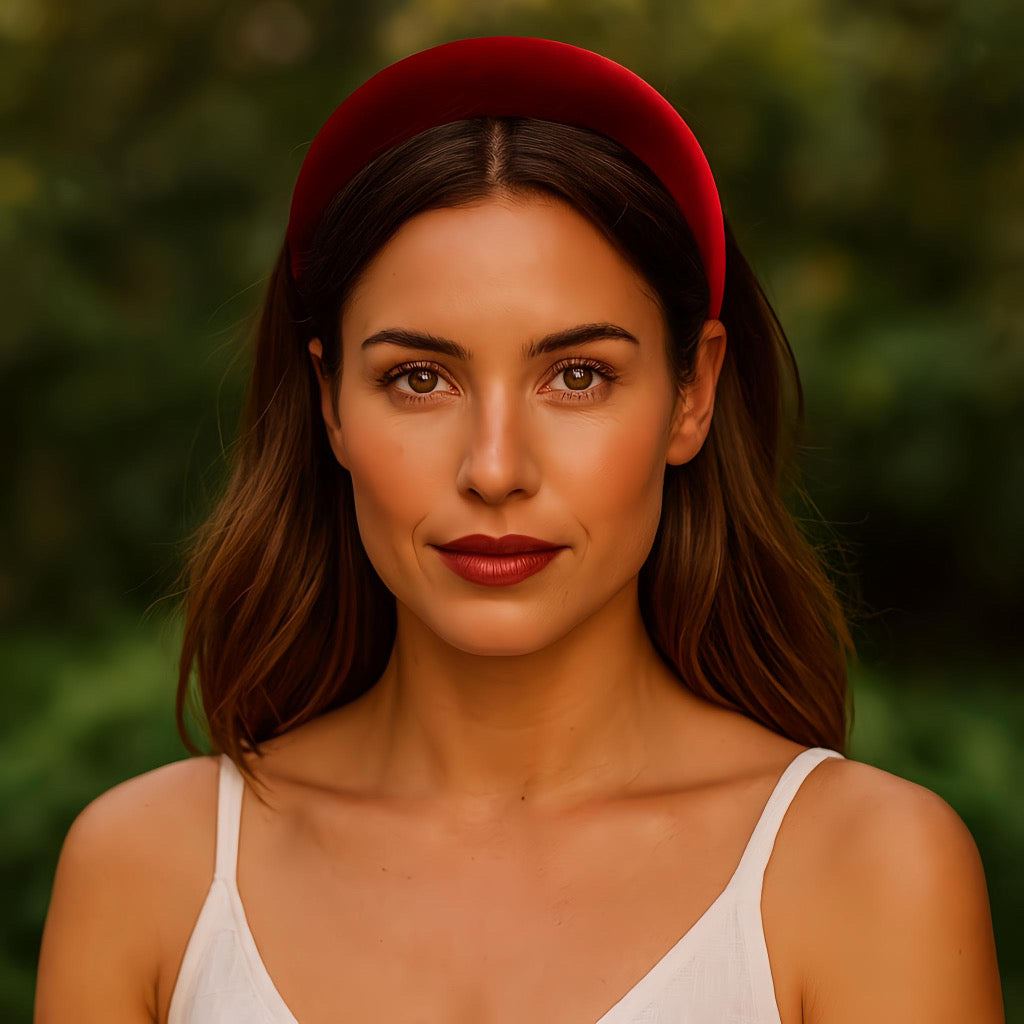 Beautiful women wearing a red velvet headband with summer outfit chic holiday accessory.