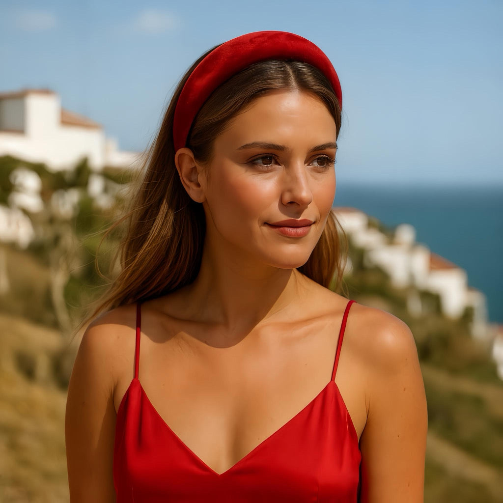 Stylish model wearing red velvet headband during summer holiday elegant women's fashion.