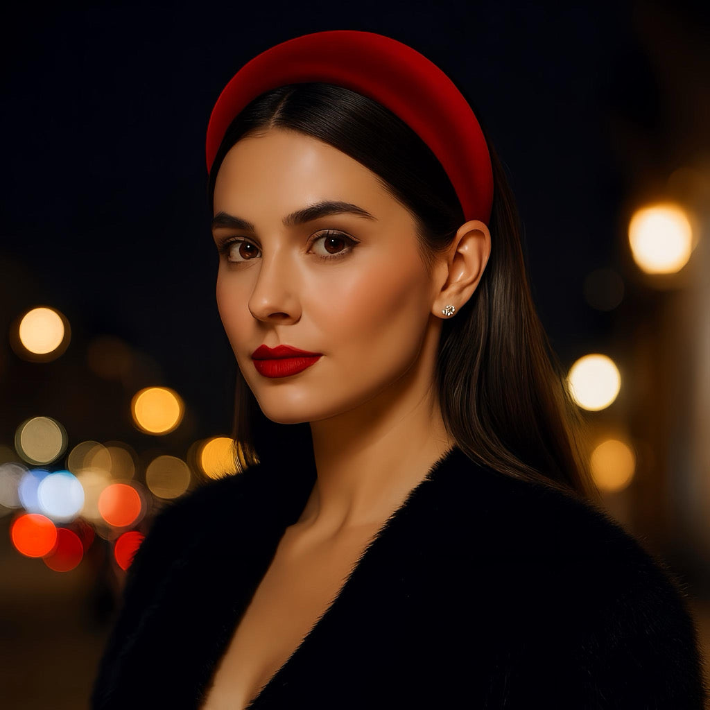 Elegant model wearing a red velvet headband on a winter night out luxury fashion accessory.