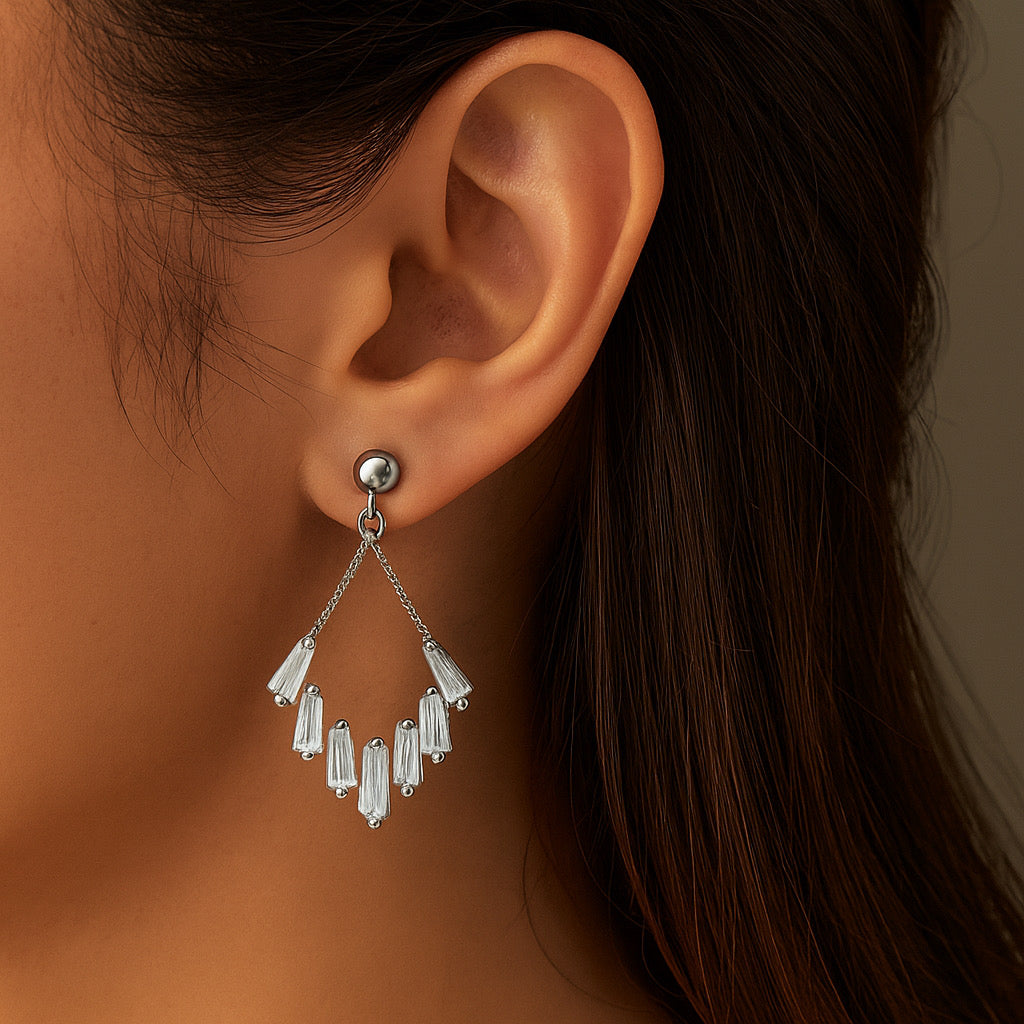 Model wearing Sterling Summer Earrings in Rhodium Plated - PaulaB