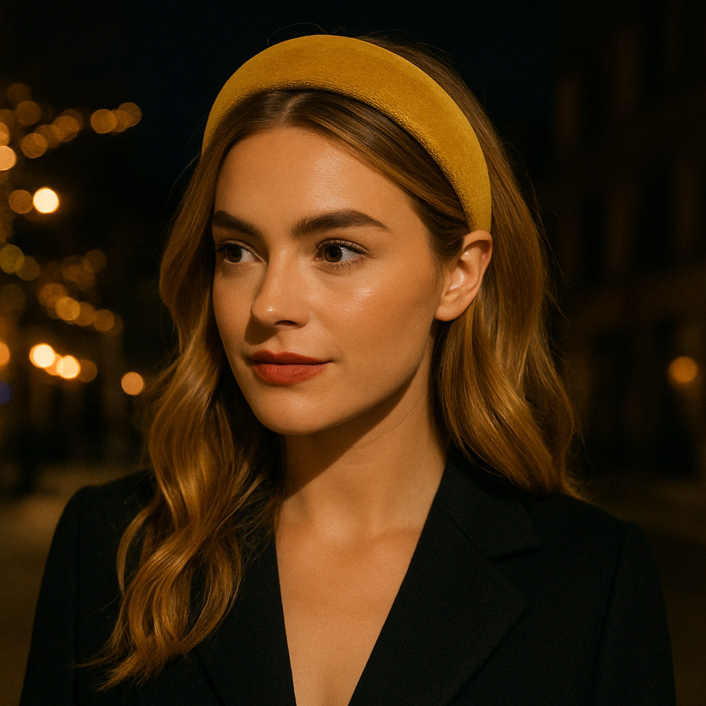 Mustard velvet padded headband luxury handmade hair accessory for evening style.