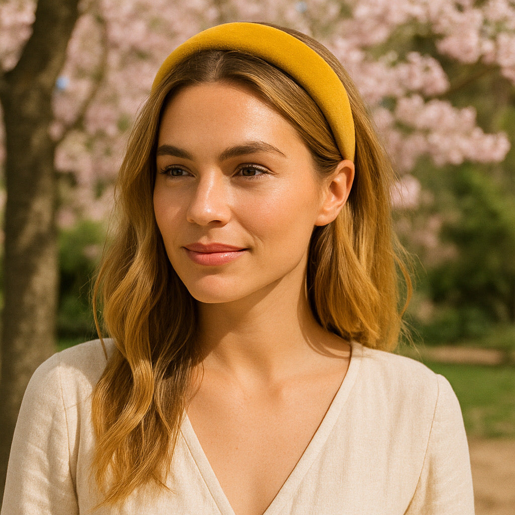 Mustard padded velvet headband elegant daytime styling with handmade accessory.