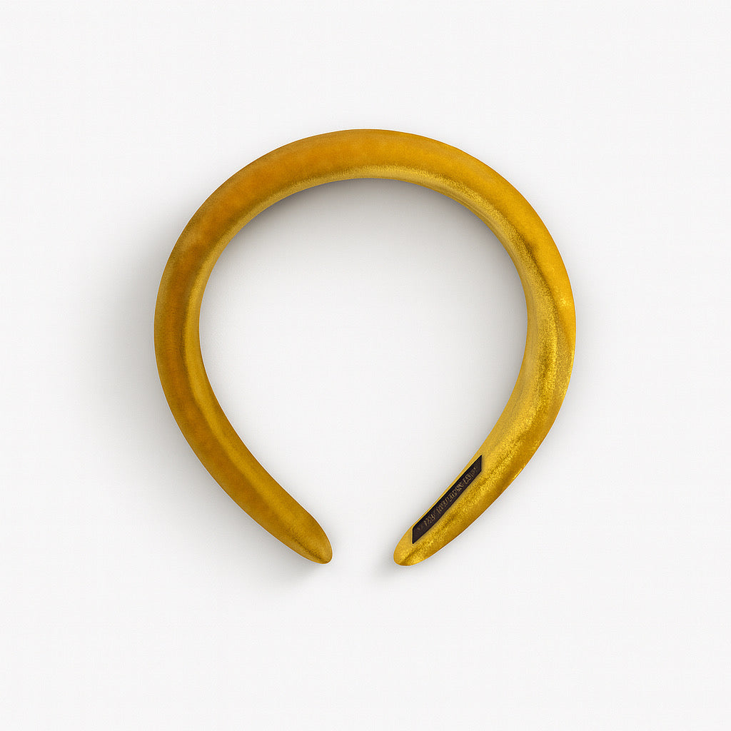 Mustard velvet padded headband top view handmade wide band by PaulaB