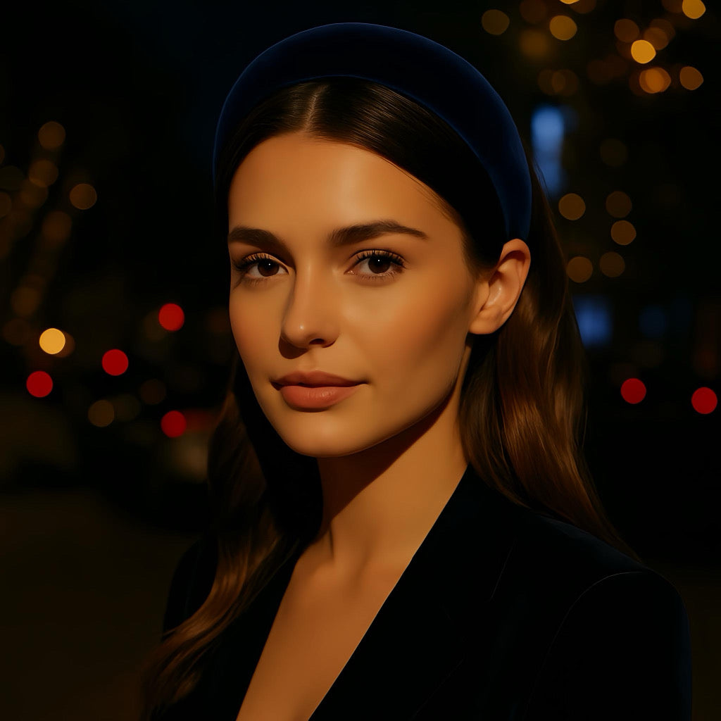 Stylish woman wearing a navy-blue velvet headband during a night outing with city lights background.