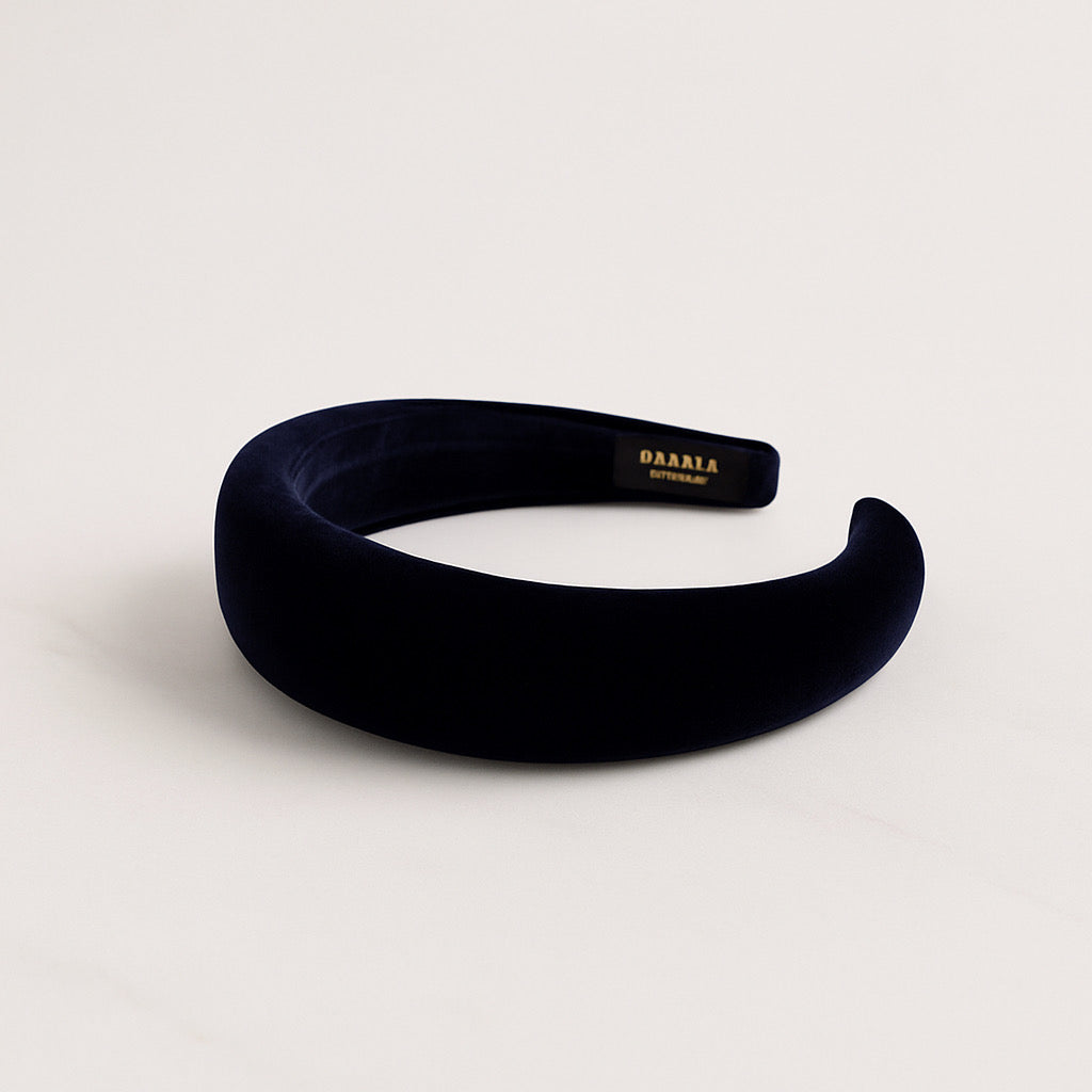 Handmade luxury navy blue velvet headband elegant women's accessory.