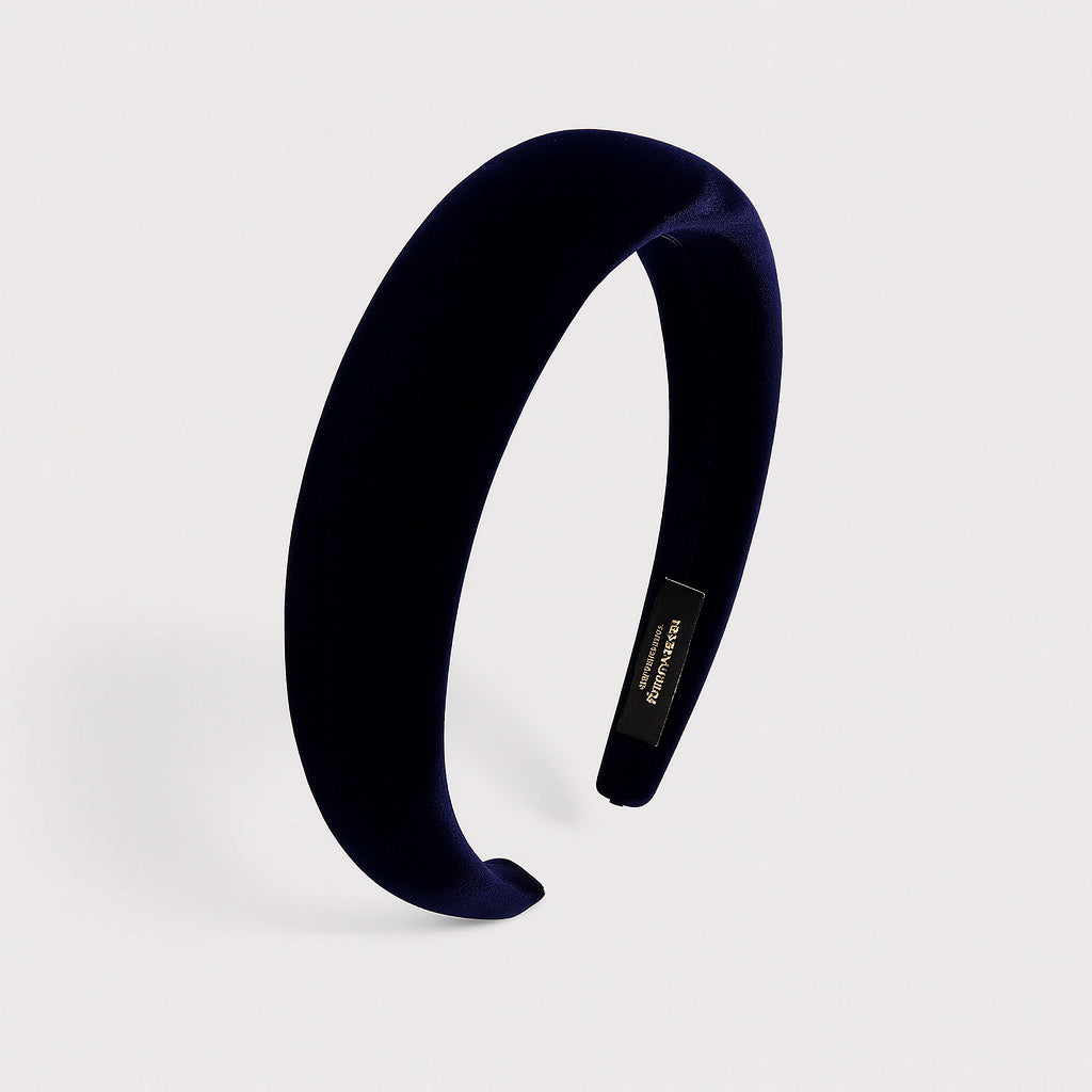 Elegant navy-blue velvet headband handmade padded women's accessory.