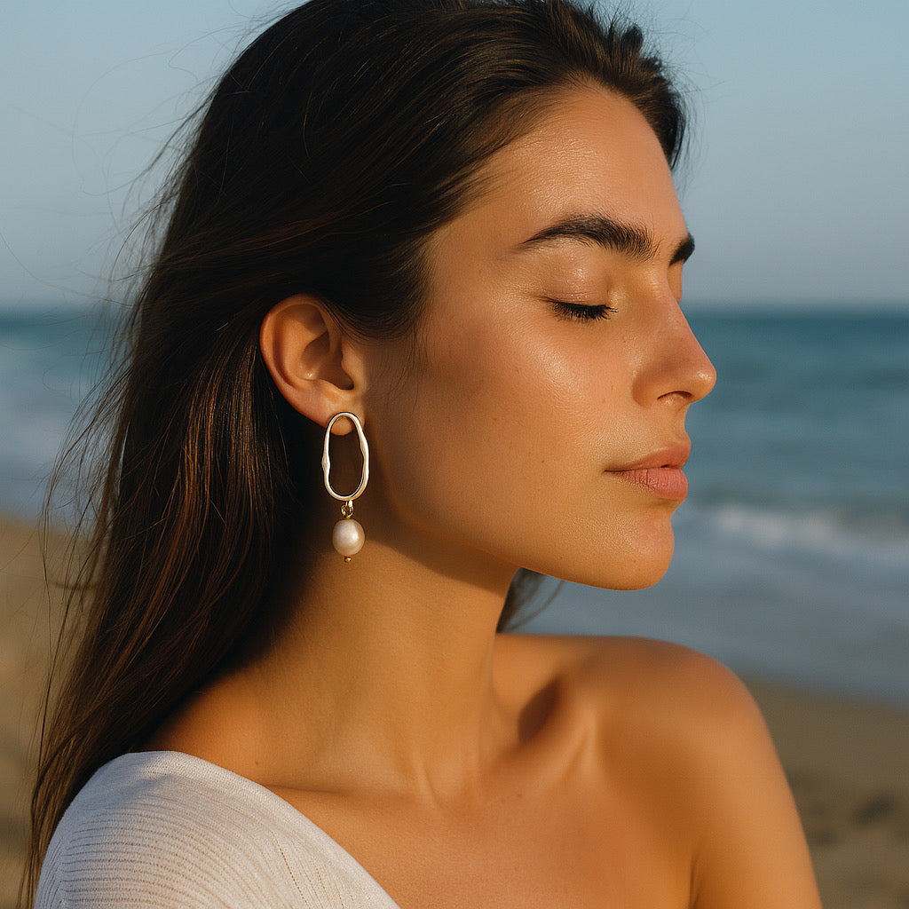 PaulaB freshwater pearl earrings 14k gold plated sterling silver, coastal beach style, Australia.