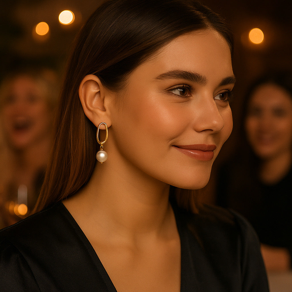 Women wearing PaulaB 14K gold freshwater pearl earrings, night out elegant jewellery, Sydney Australia.