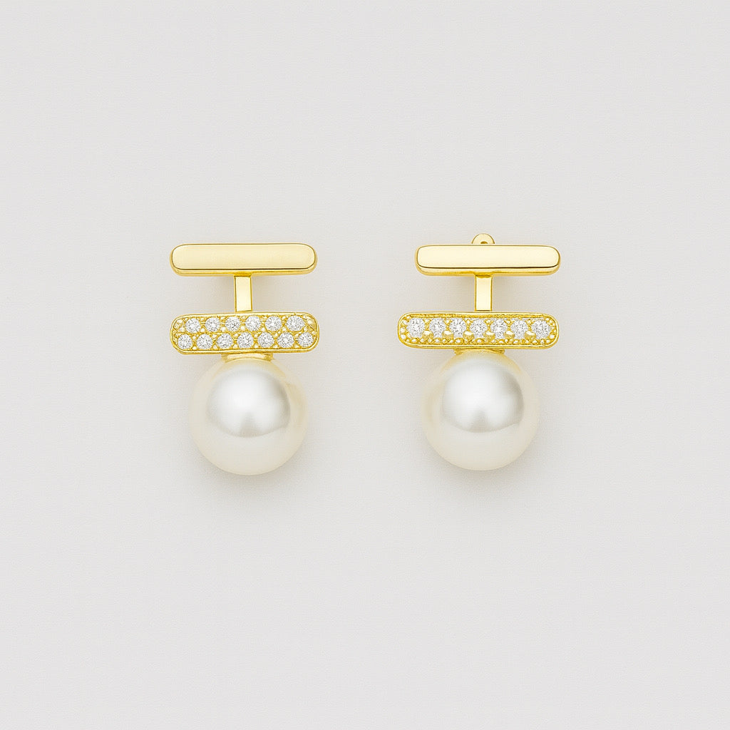 PaulaB 14k gold-plated sterling silver parl earrings with zircon pave, front view, 21x11mm.