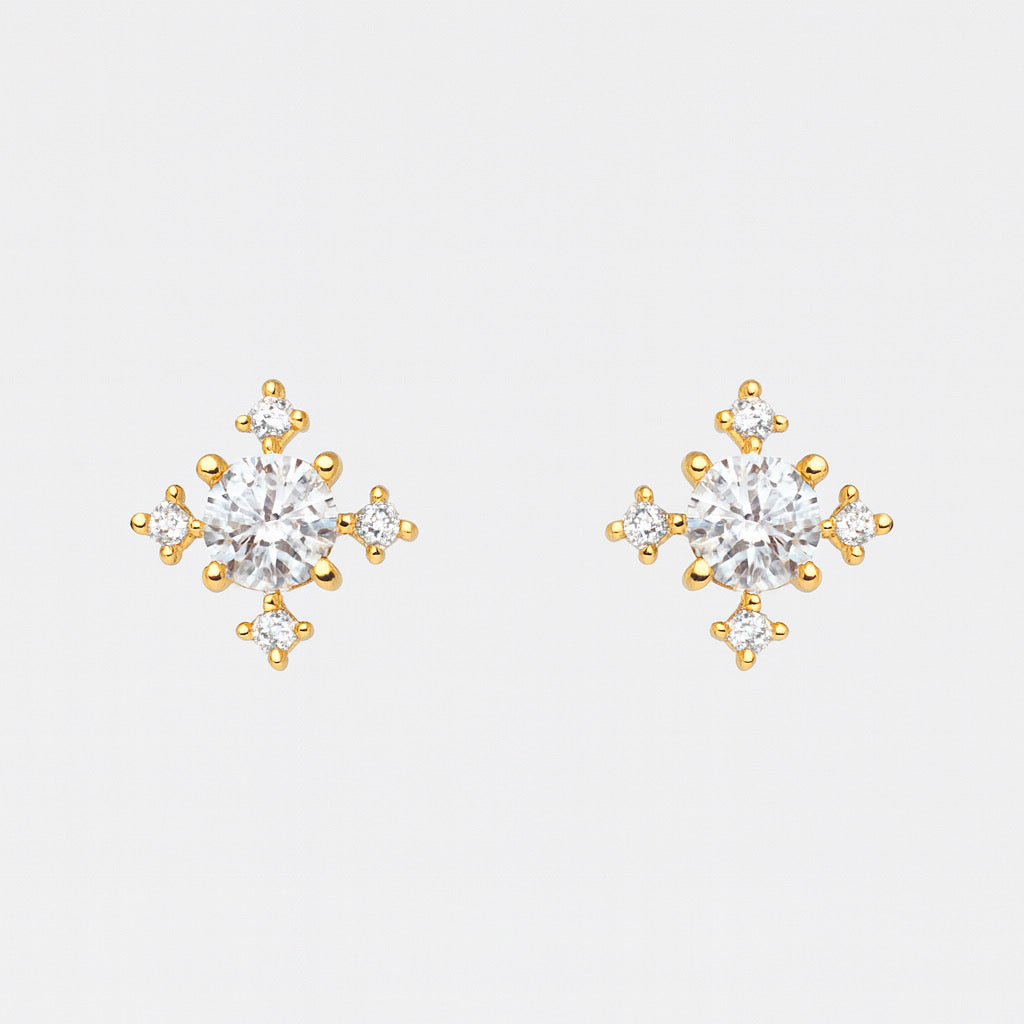 Front view of PaulaB Stellar Bloom Earrings in 14k gold-plated sterling silver with cubic zirconia.