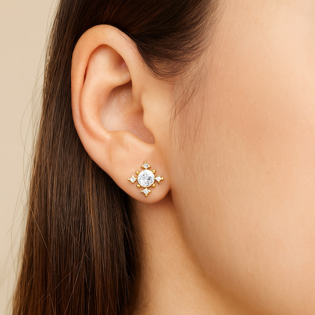 Model wearing PaulaB Stellar Bloom Earrings in 14k gold-plated sterling silver.