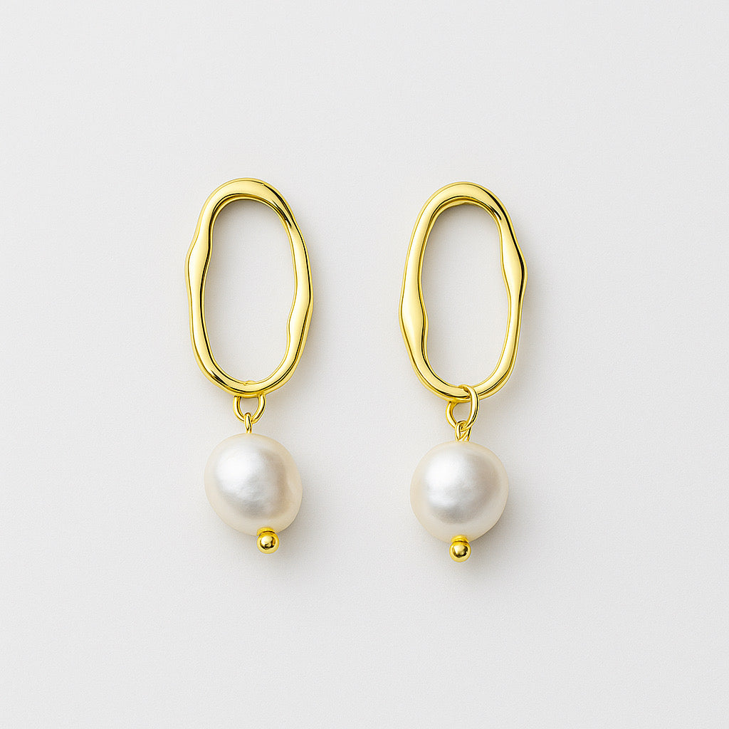 PaulaB 14k gold-plated 925 sterling silver freshwater pearl earrings, elegant oval design, Sydney Australia.