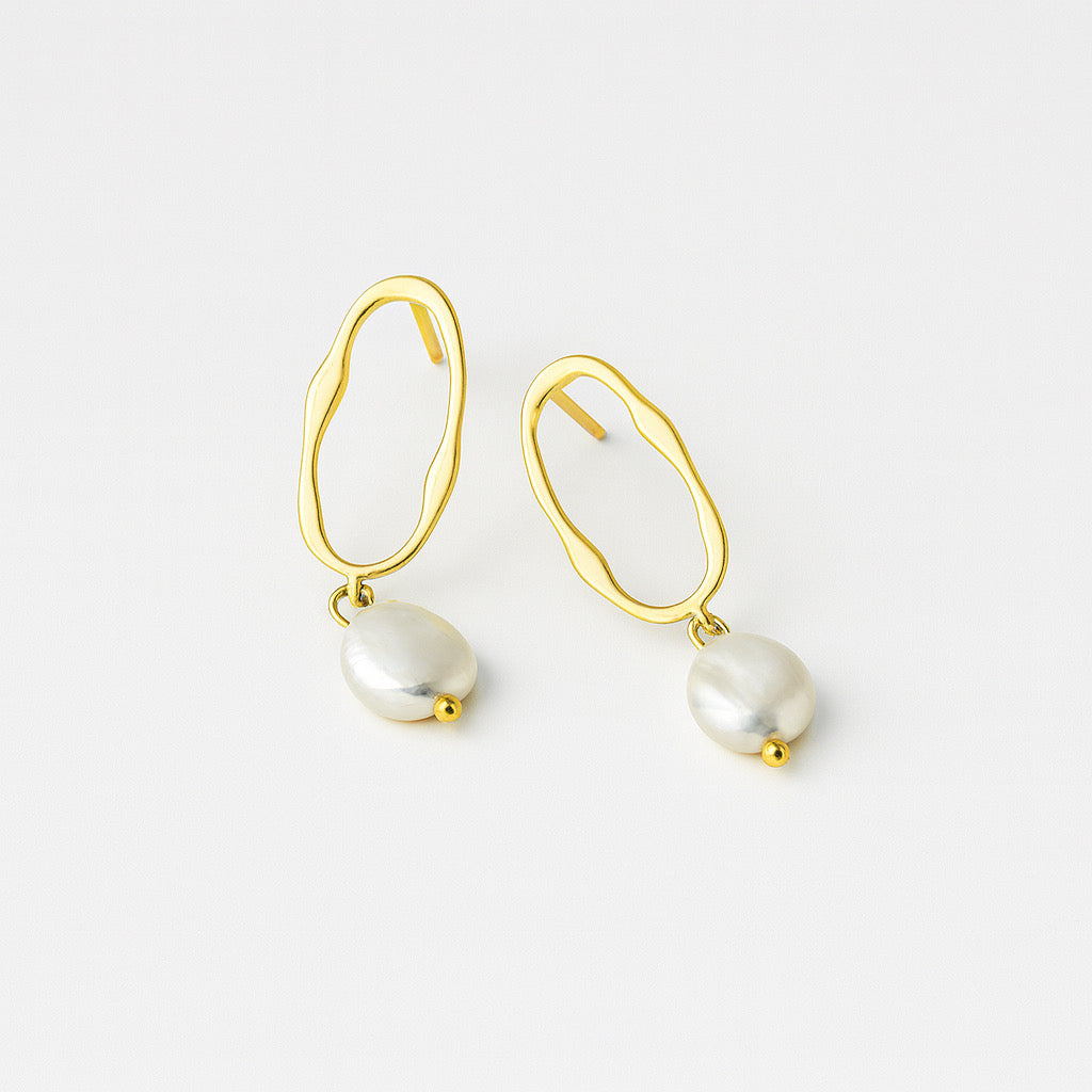 Side view of PaulaB freshwater pearl earrings in 14k gold-plated sterling silver, luxury jewellery Sydney.