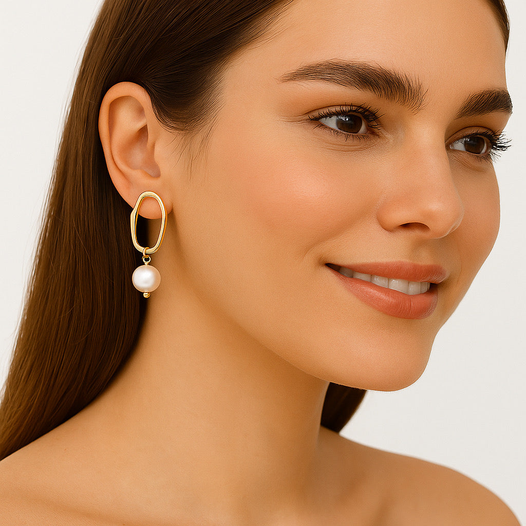 PaulaB pearl drop earrings in 14k gold-plated sterling silver, modern classic jewellery, Sydney.