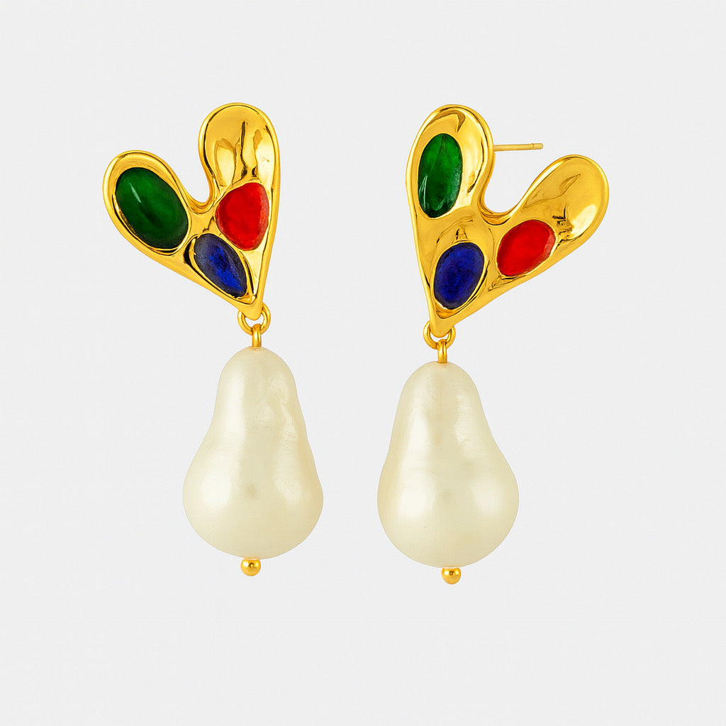 Side view of PaulaB 18k gold plated copper base earrings with freshwater pearl drop and colorful stones - stud detail for Australia New Zealand jewellery.