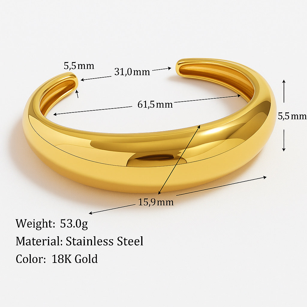 PaulaB 18k gold-plated stainless-steel cuff bracelet dimensions 61.5mm x 15.9mm 5.5mm - premium polished finish.