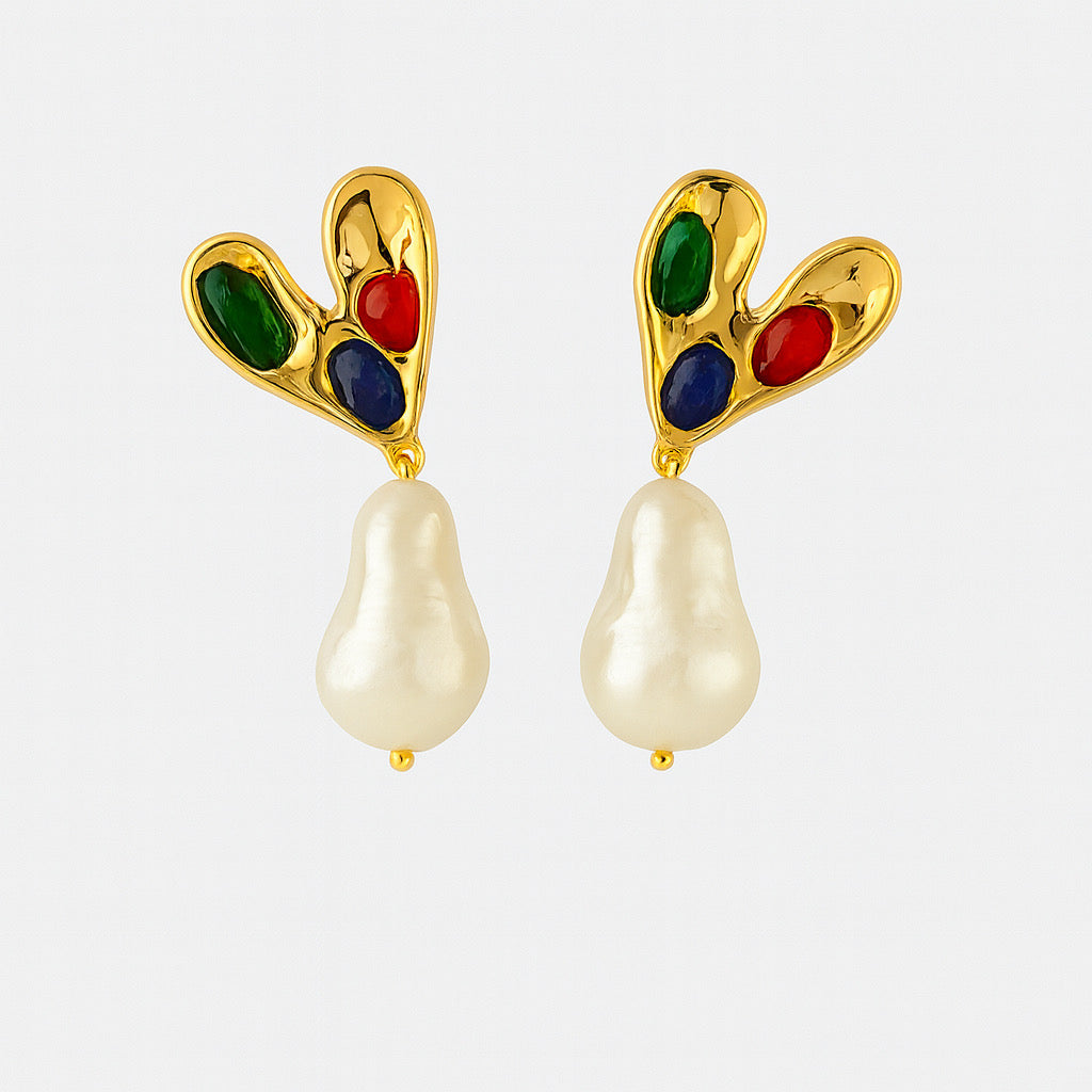 PaulaB 18k gold plated heart earrings with freshwater pearls and teal, red, navy stones - front view, jewellery Australia & New Zealand.