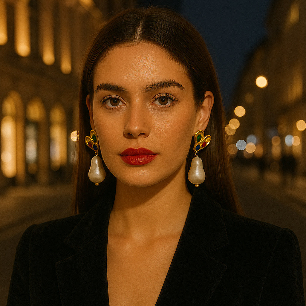 PaulaB statement 18k gold heart earrings with freshwater pearls, teal, red and navy stones - evening style in AU & NZ fshion.