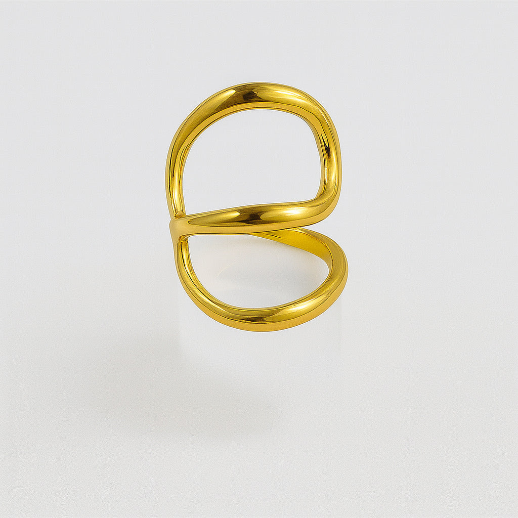 PaulaB 18k gold-plated stainless steel open curve ring on clean #ECECEC background- minimalist sculptural gold statement ring for women, designed in Australia.